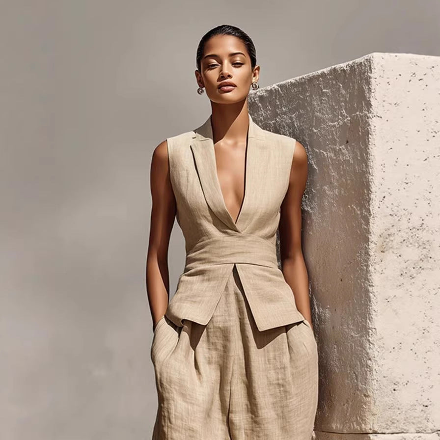 Khaki linen wide-leg pants from a women's casual matching set, flat lay showing relaxed fit and natural fabric texture