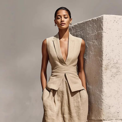 Khaki linen wide-leg pants from a women's casual matching set, flat lay showing relaxed fit and natural fabric texture