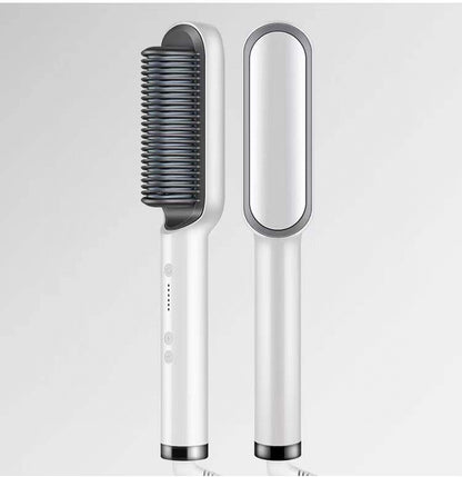 2-in-1 hair straightener and curling brush with negative ion technology shown from the side, highlighting the bristle design
