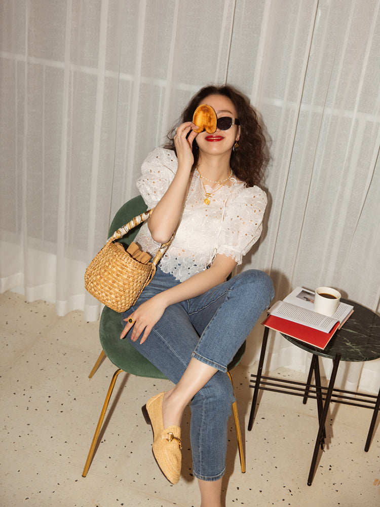 Sweetheart Organza Floral Embroidery Bubble Sleeve Blouse Top product image 4