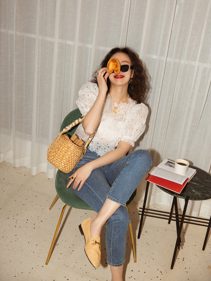 Sweetheart Organza Floral Embroidery Bubble Sleeve Blouse Top product image 4