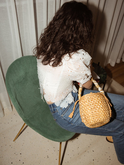 Sweetheart Organza Floral Embroidery Bubble Sleeve Blouse Top product image 3