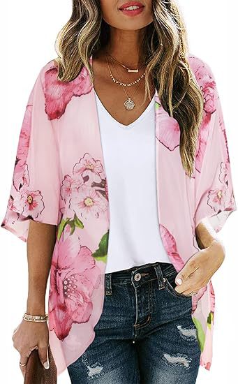 Sheer floral chiffon cardigan beach cover-up with long sleeves and lightweight sun-protective fabric for women