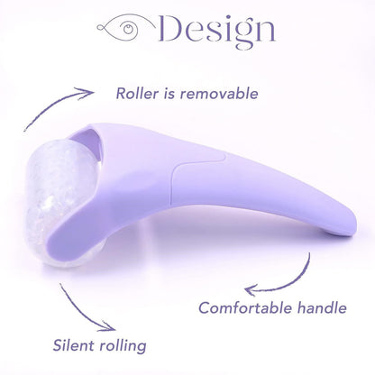 Ice roller massager for face resting on a white surface, showing the cooling facial massage tool's handle and rolling head