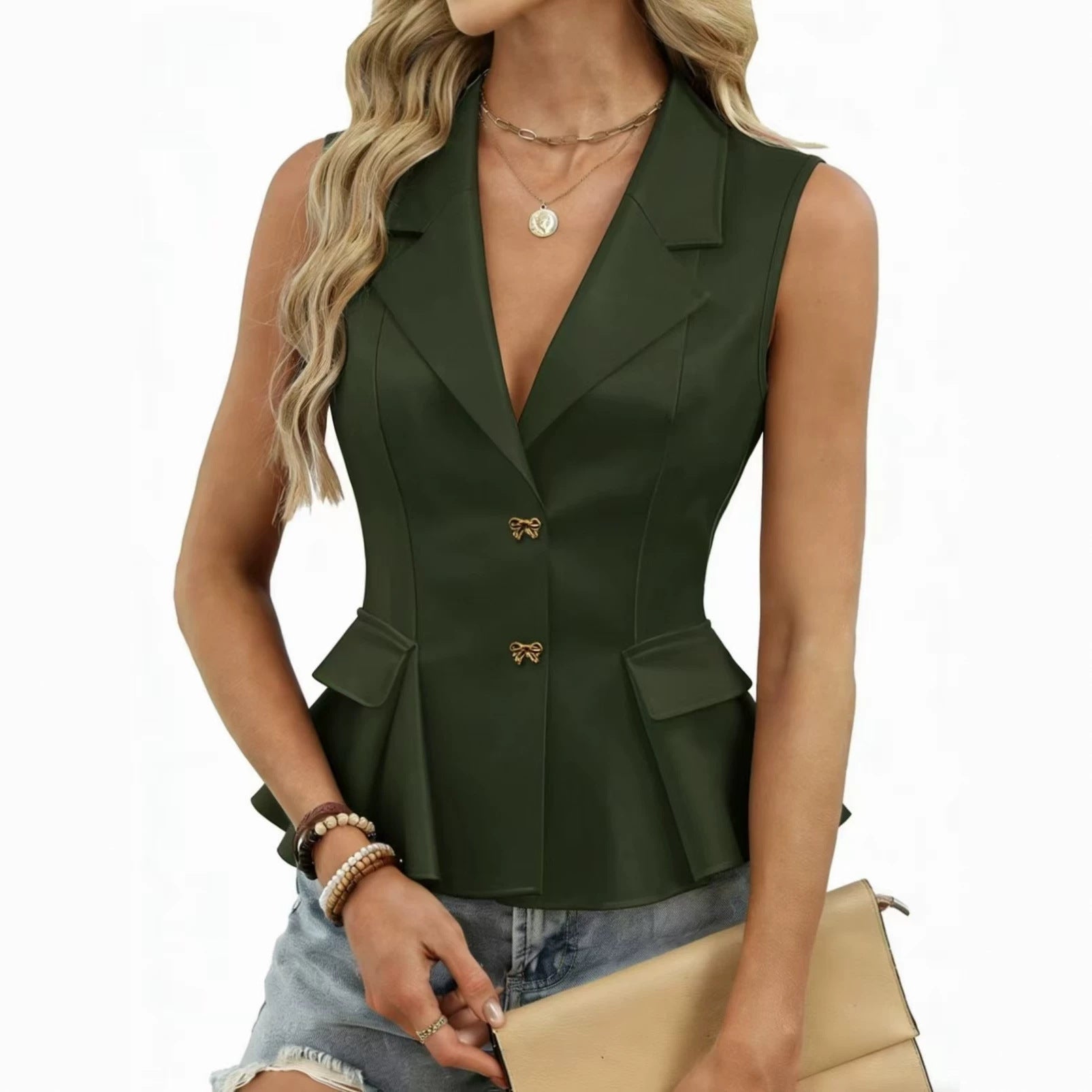 Women's chenille suit vest with bow-tie neckline and V-neck button front, shown in a close-up detail view