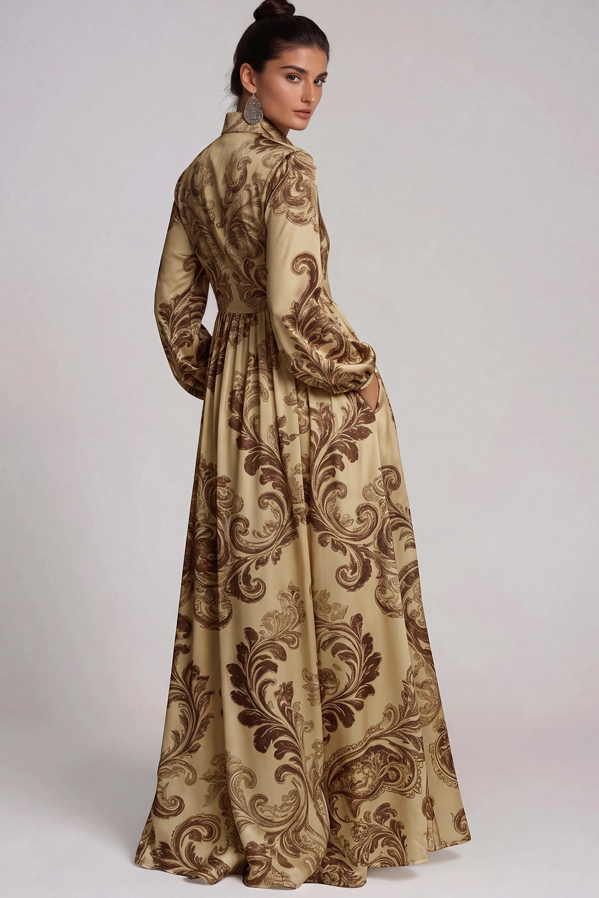 Fizza Sand Khaki Floral Plunge Maxi Dress