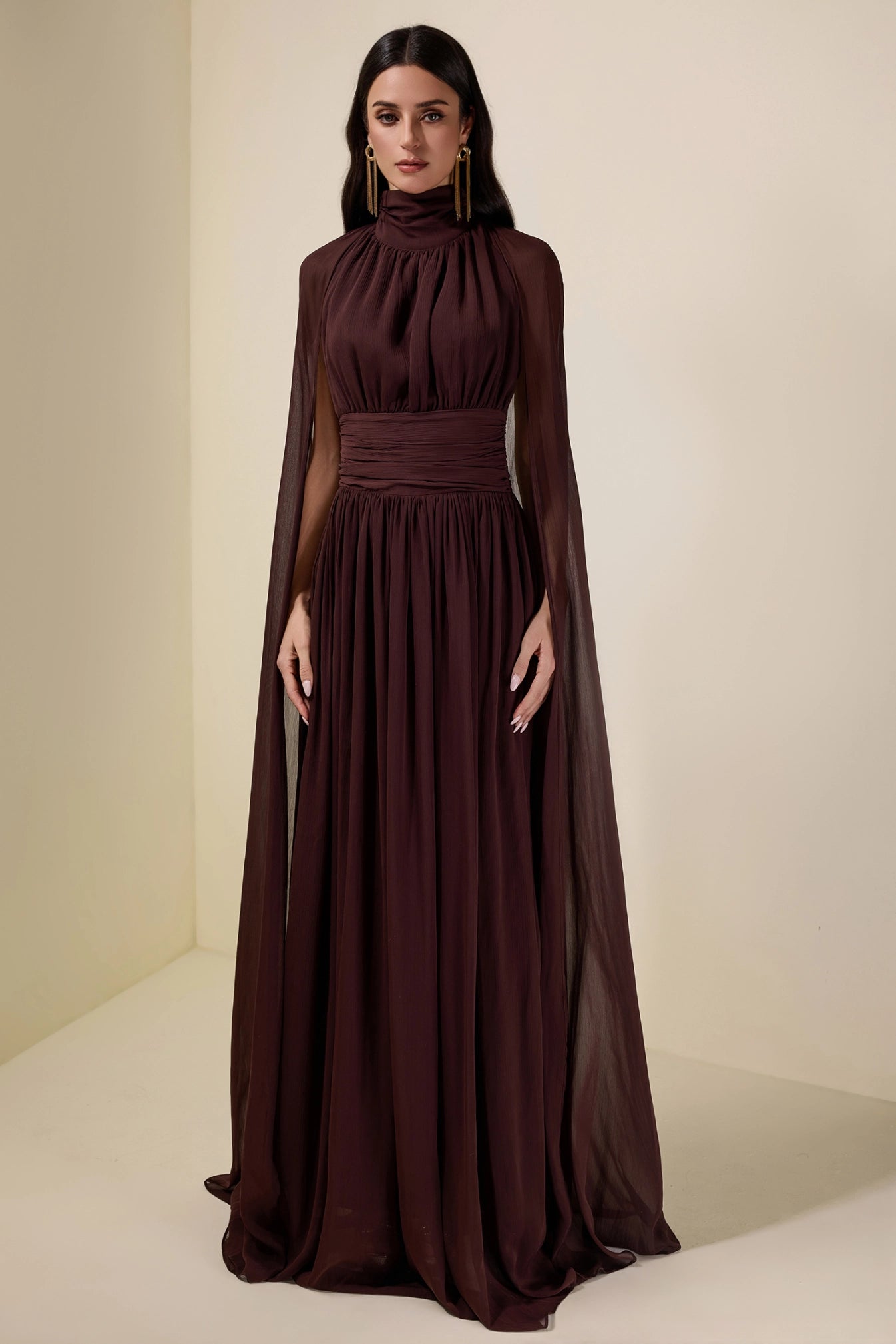 Sabine Cape-Sleeve Maxi Dress Espresso, view 2