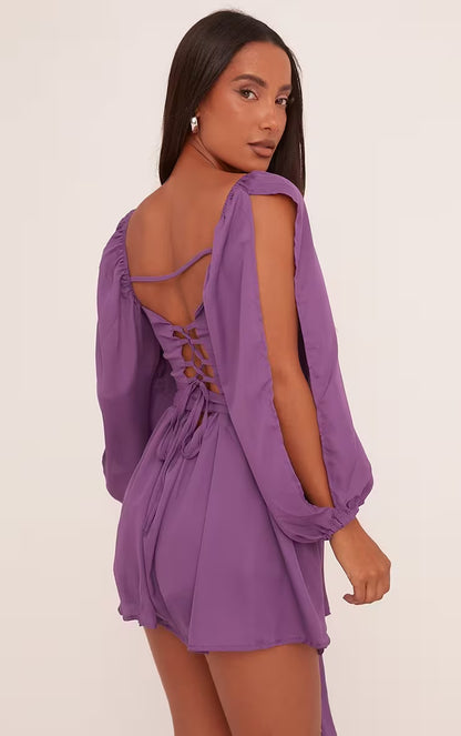 Puff Sleeve Lace-Up Wrap Dress