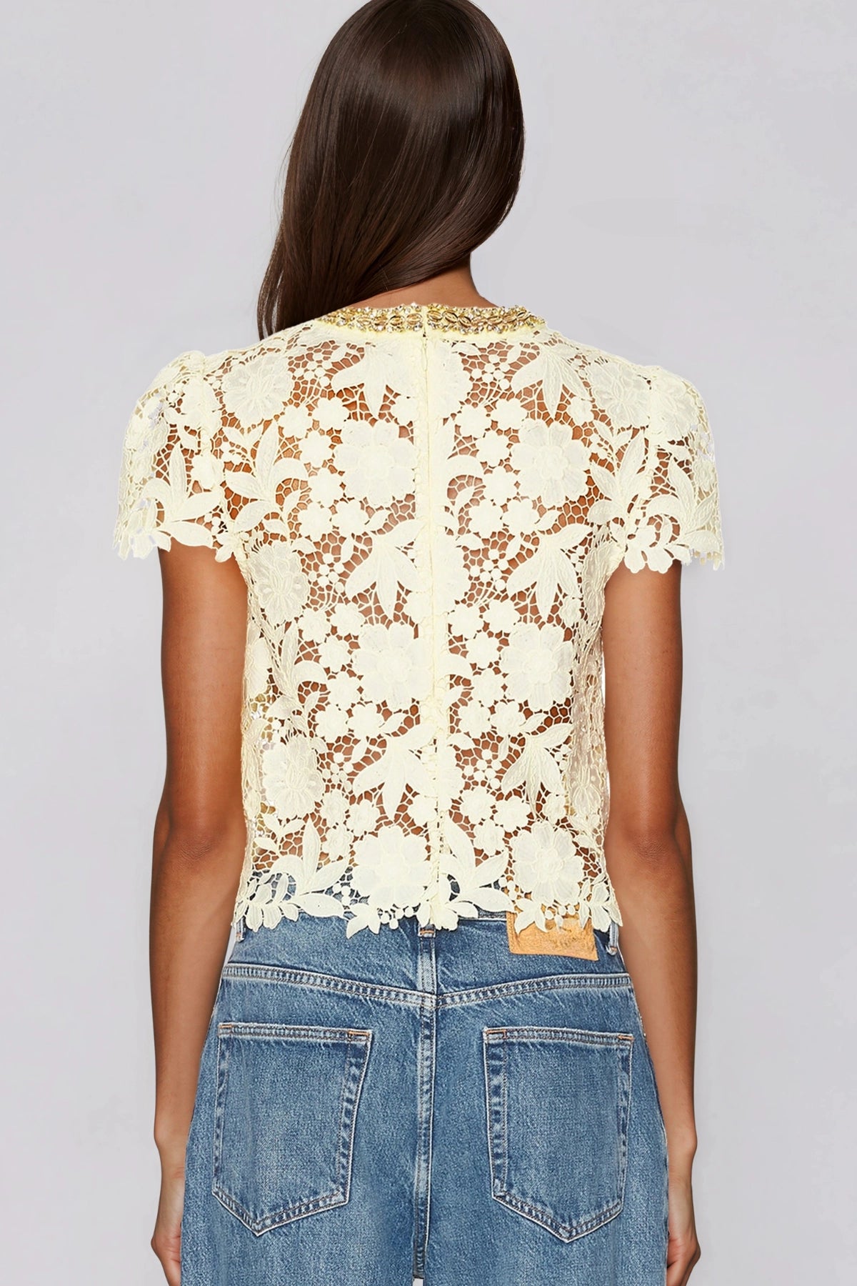 Kazi Rhinestone-Embellished Lace Cutout Top