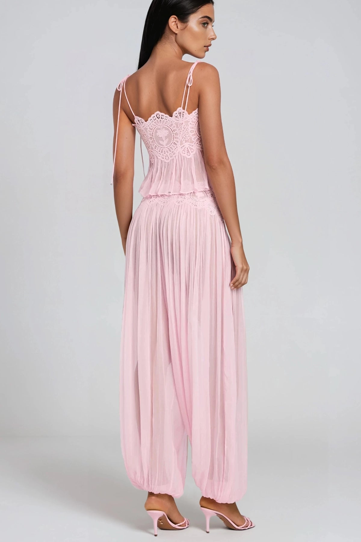 Hanieh Pink Lace Ruched Wide-Leg Pants Set