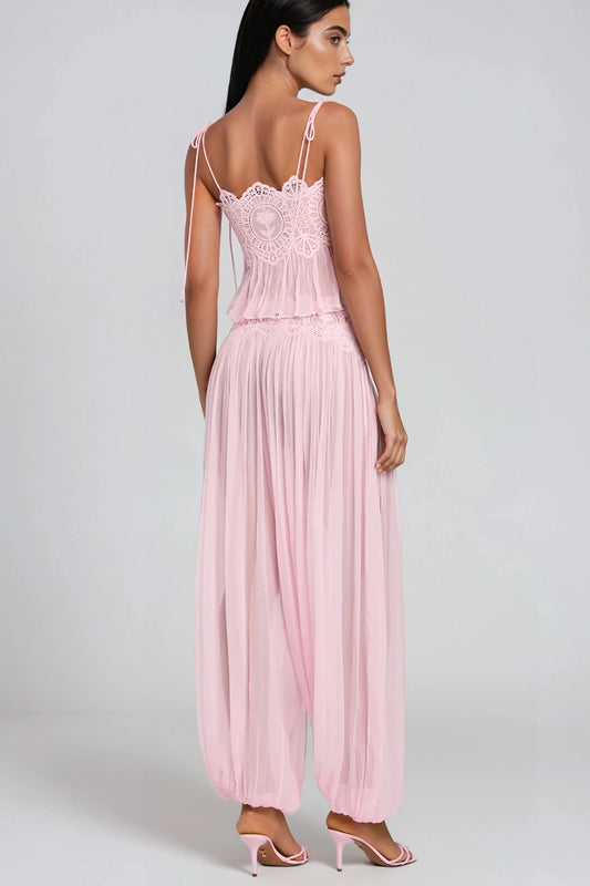 Hanieh Pink Lace Ruched Wide-Leg Pants Set