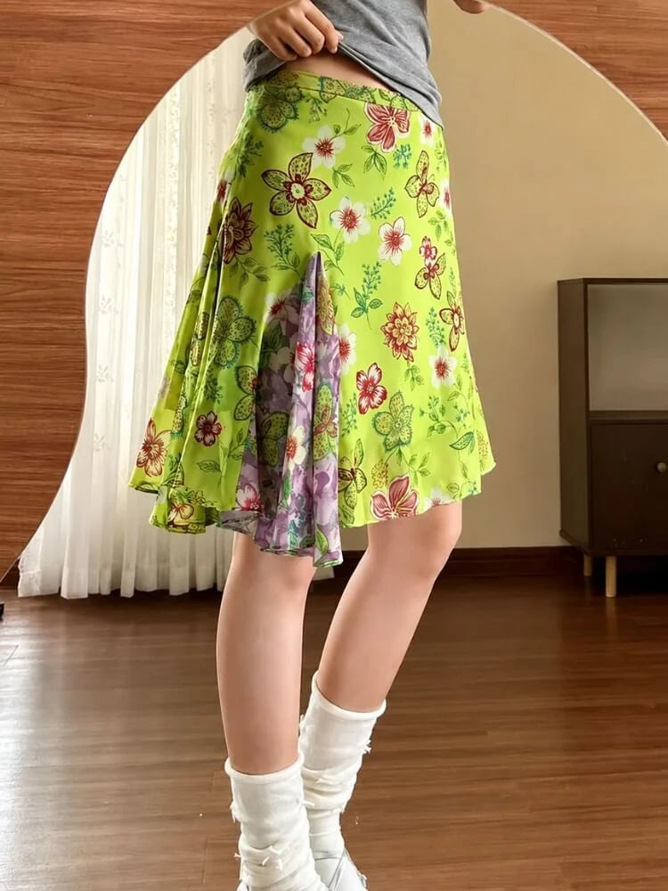 Floral Panel Skirt Green