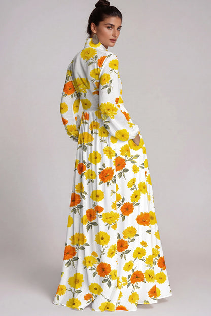 Fizza Golden Yellow Plunge Floral Maxi Dress