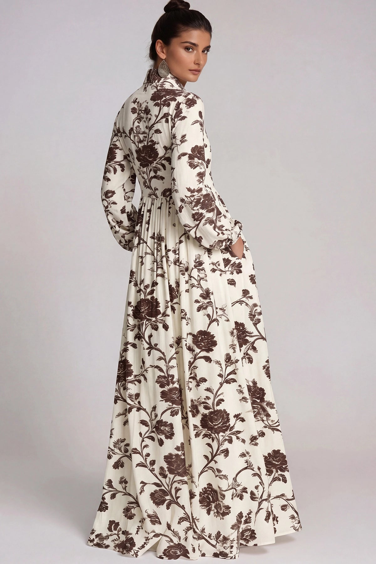 Fizza Cocoa Brown Ruched Floral Maxi Dress