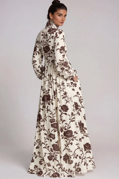 Fizza Cocoa Brown Ruched Floral Maxi Dress