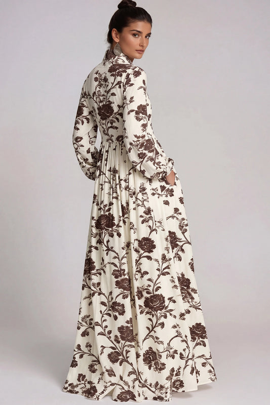 Fizza - Plunge-Neck Ruched Floral Maxi Dress Brown