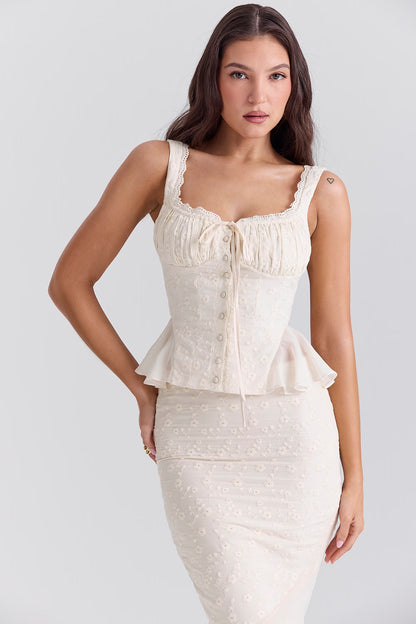 Vintage Cream Cotton Broderie Anglaise Peplum Top