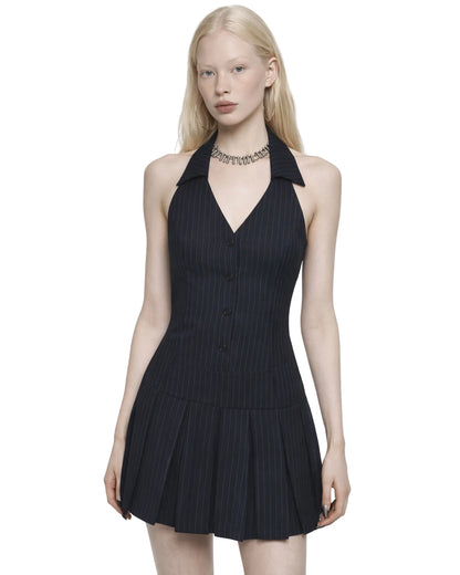 Navy Halter V-Neck Pleated Mini Dress