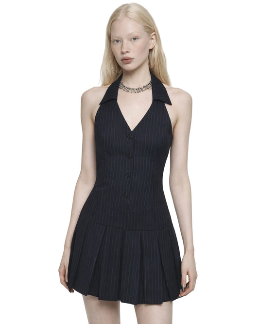 Navy Halter V-Neck Pleated Mini Dress