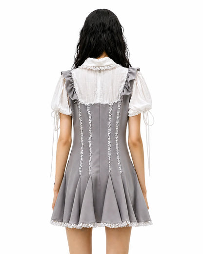 Grey Lace Bow Mini Dress with Peter Pan Collar