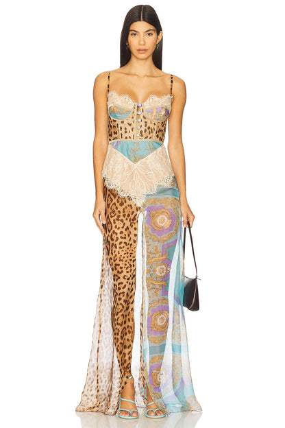 Leopard Lace-Trim Split Maxi Dress Blue, view 4
