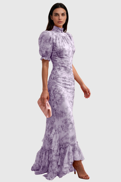 Inola Puff Sleeve Floral Maxi Dress In Purple