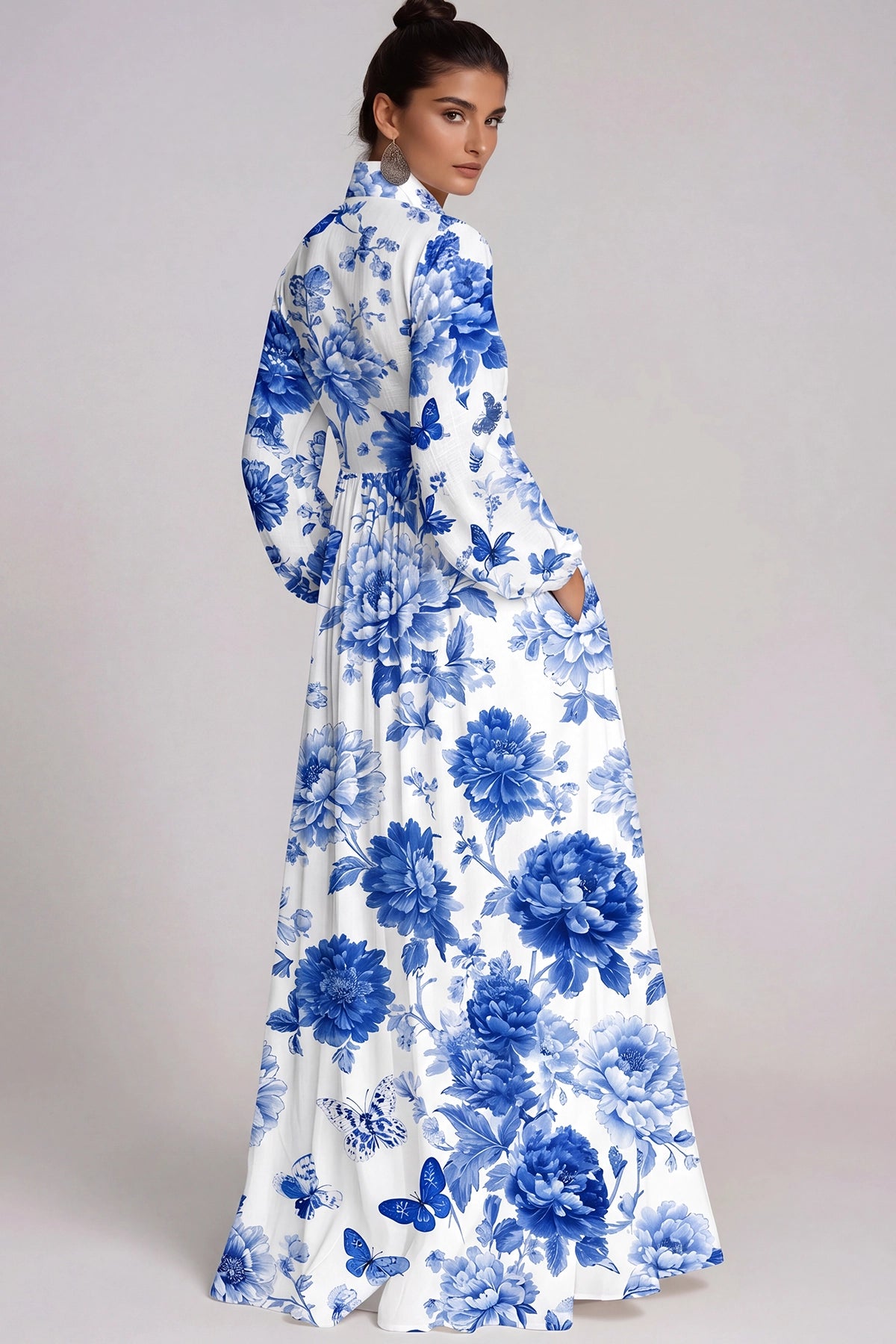 Fizza Azure Blue Plunge-Neck Floral Maxi Dress
