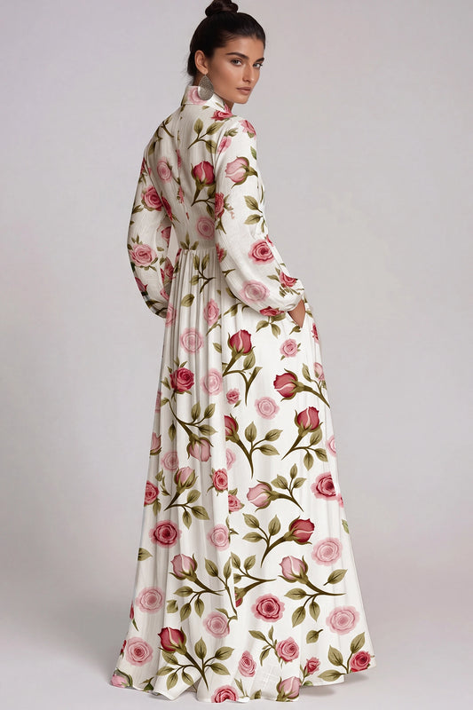 Fizza - Plunge-Neck Ruched Floral Maxi Dress Rose Print