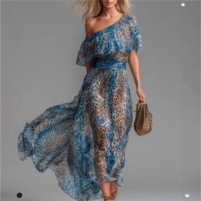 Blue leopard print chiffon off-shoulder boho A-line dress with flowy skirt, shown from the side