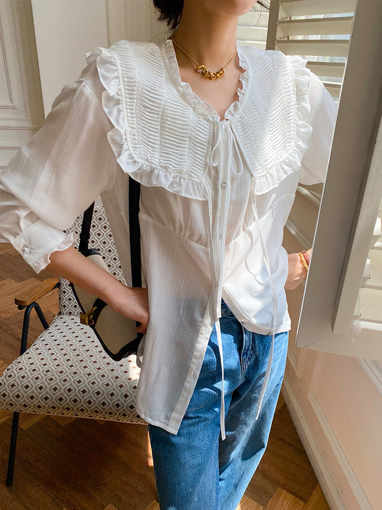 Women's Tencel Ruffle Trim Long Sleeve Blouse | Elegant French Style product image 3