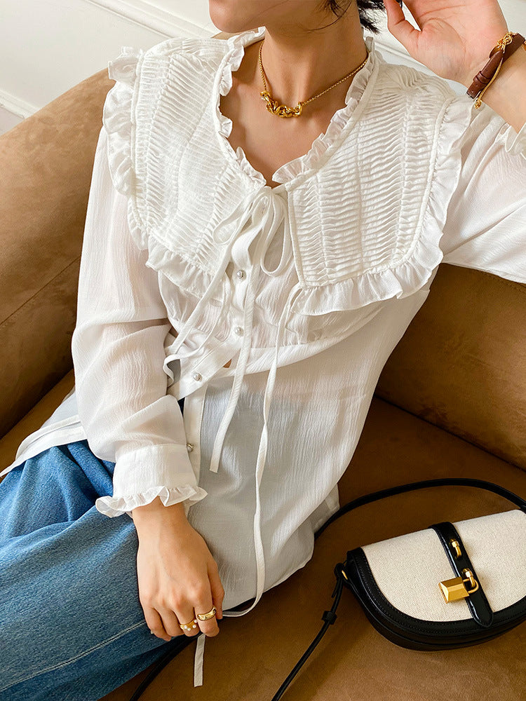 Women's Tencel Ruffle Trim Long Sleeve Blouse | Elegant French Style product image 4