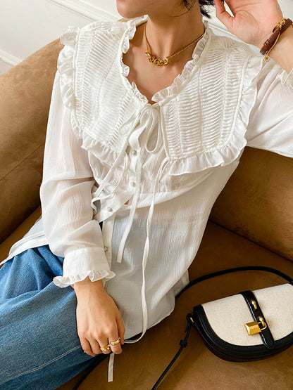 Women's Tencel Ruffle Trim Long Sleeve Blouse | Elegant French Style product image 4