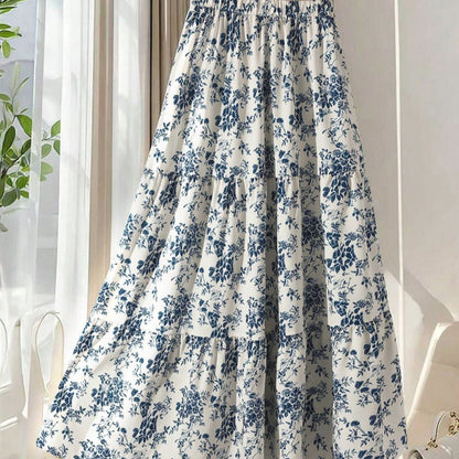 Women's high-waisted floral print midi skirt with a flared A-line silhouette, shown in a close-up detail view