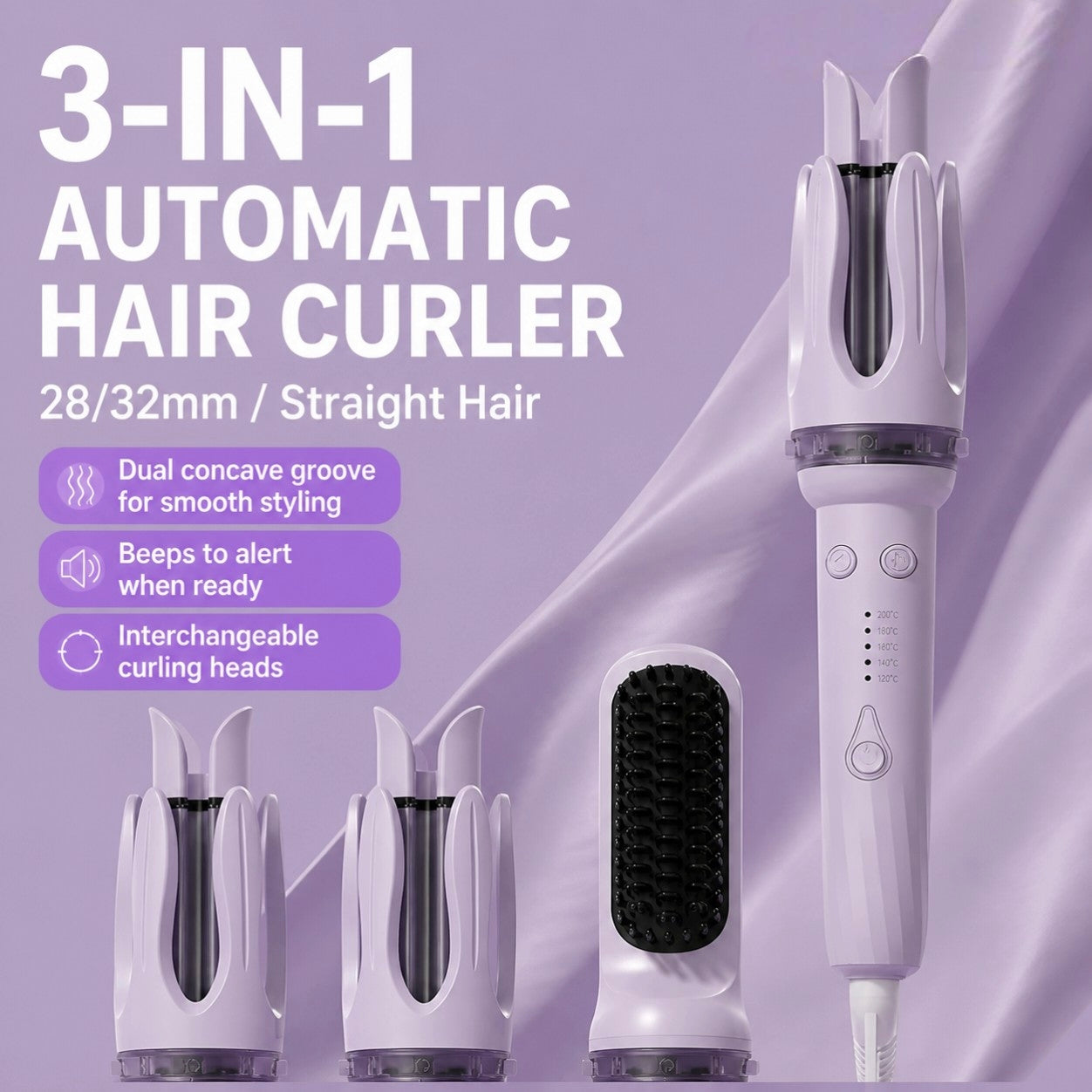 3-in-1 hair curler and straightener with three interchangeable barrels displayed on a white background