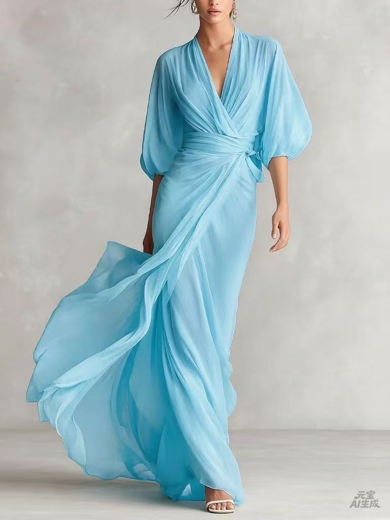 Women's slim-fit A-line long dress in a solid color, styled for elegant office wear with a tailored silhouette