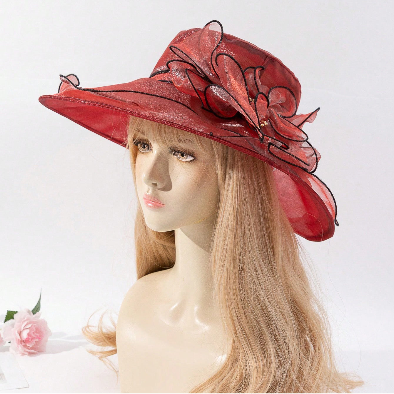 Chiffon fisherman hat with delicate flower trim, elegant women's sun-protective beach cap in a soft neutral tone
