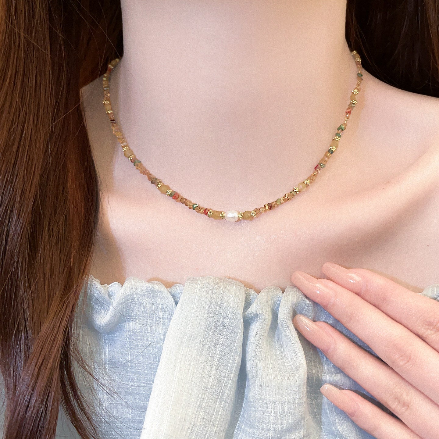 Colorful dopamine clavicle necklace featuring vibrant layered chains, a bold fashion jewelry statement piece for women