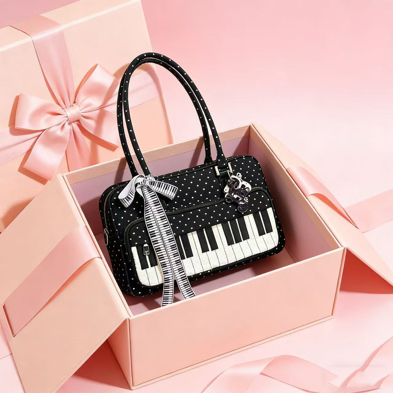 Black and white polka dot shoulder bag with piano key accent, lightweight women's everyday cotton bag, front angle view