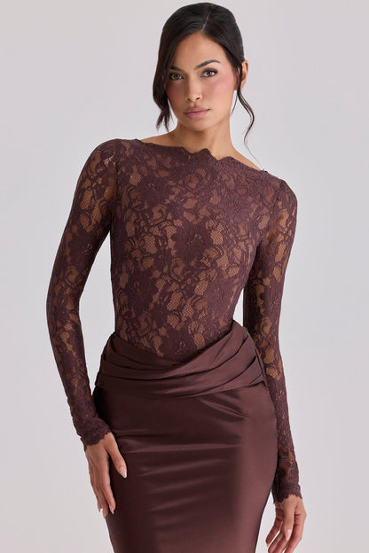 Elara Espresso Lace & Satin Two-Piece Gown
