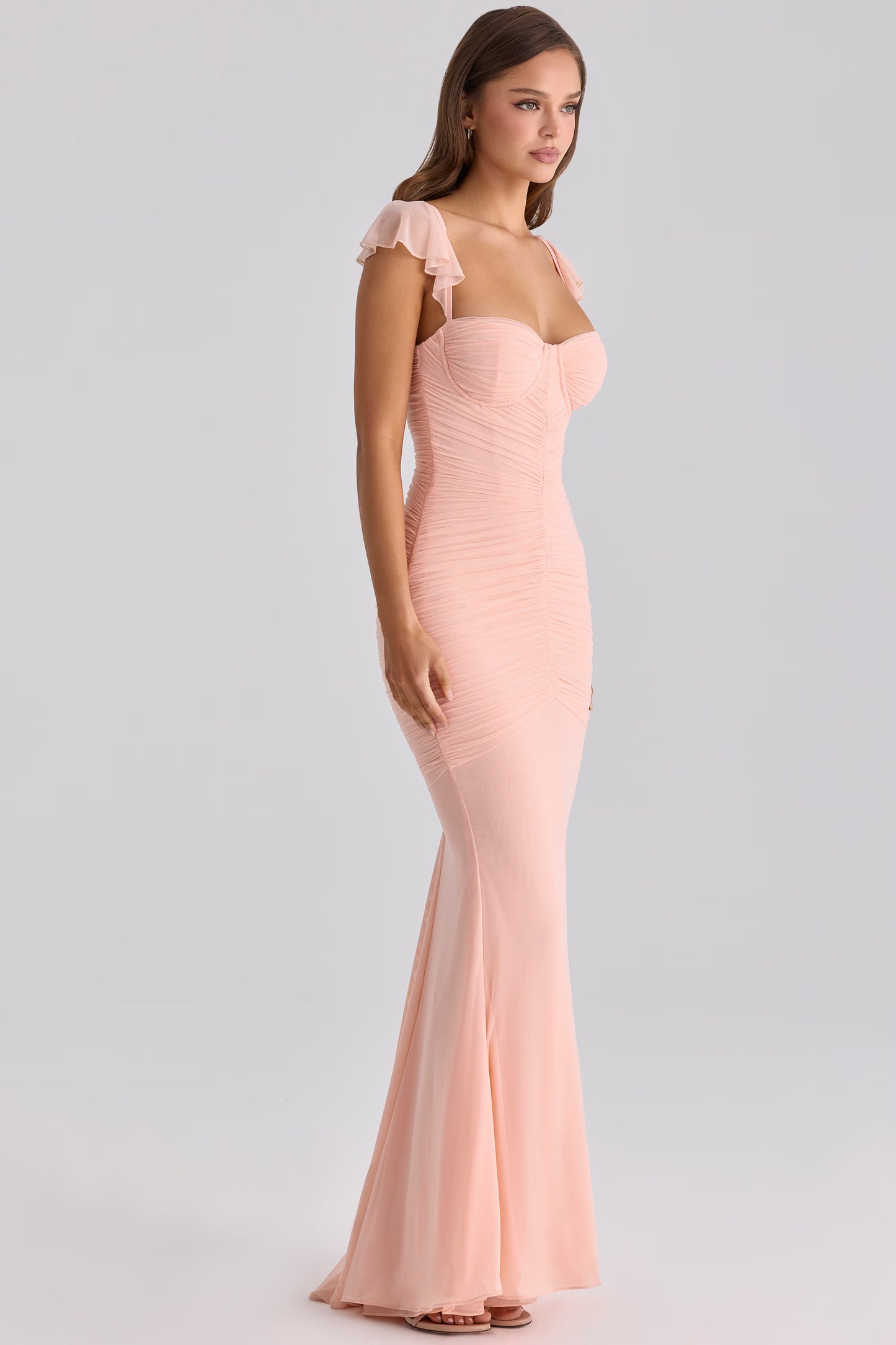 Peach Ruched Mesh Silhouette Maxi Dress