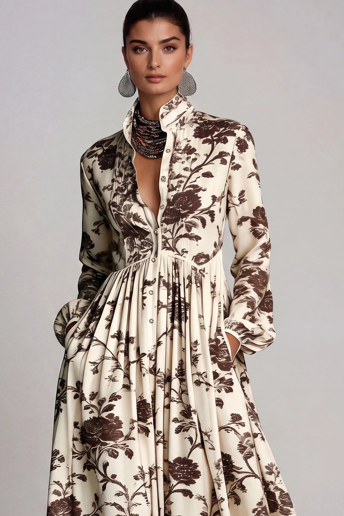 Fizza Cocoa Brown Ruched Floral Maxi Dress