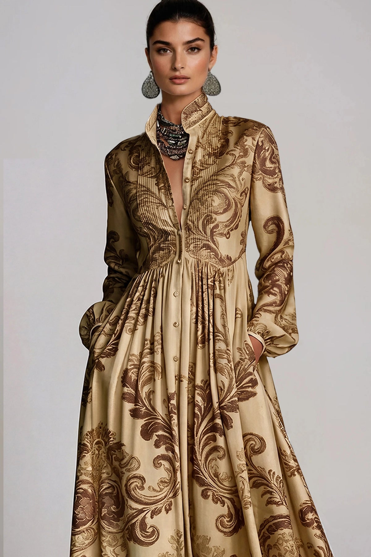 Fizza Sand Khaki Floral Plunge Maxi Dress