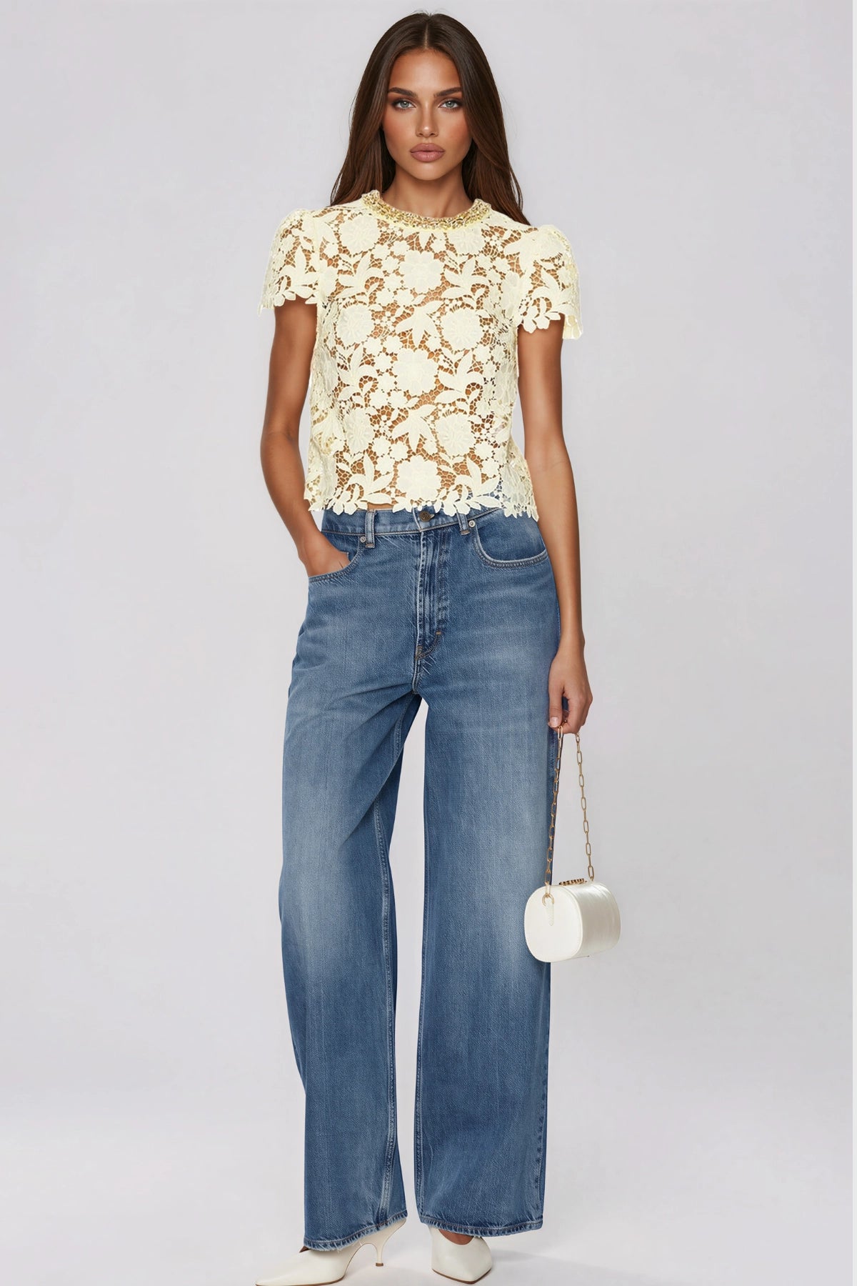 Kazi Rhinestone-Embellished Lace Cutout Top