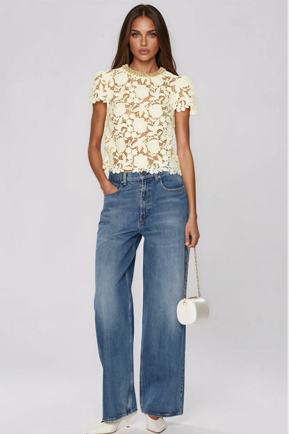 Kazi Rhinestone-Embellished Lace Cutout Top