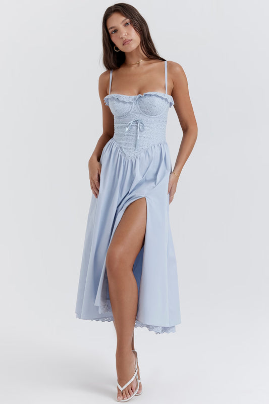 Soft Blue Cotton Broderie Anglaise Midi Sundress