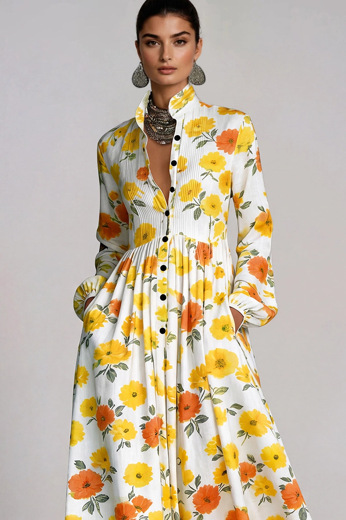 Fizza Golden Yellow Plunge Floral Maxi Dress