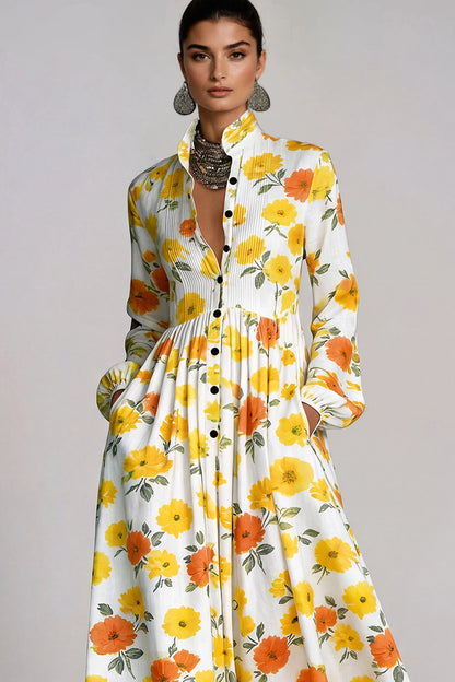 Fizza Golden Yellow Plunge Floral Maxi Dress