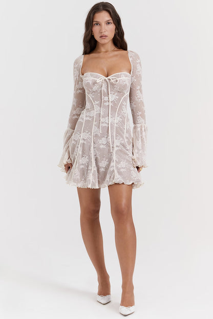White Floral Lace Bell-Sleeve Mini Dress