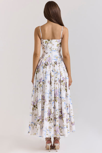 Off White Vintage Ribbon Print Cotton Midi Sundress