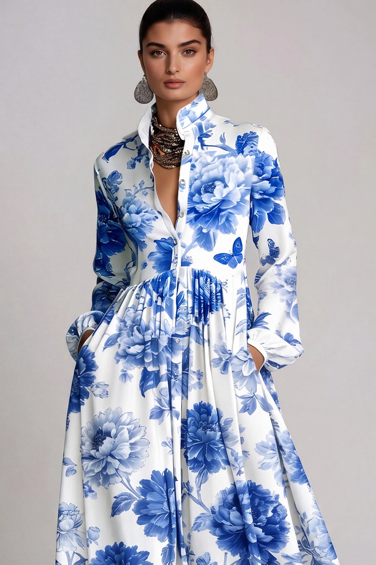Fizza Azure Blue Plunge-Neck Floral Maxi Dress